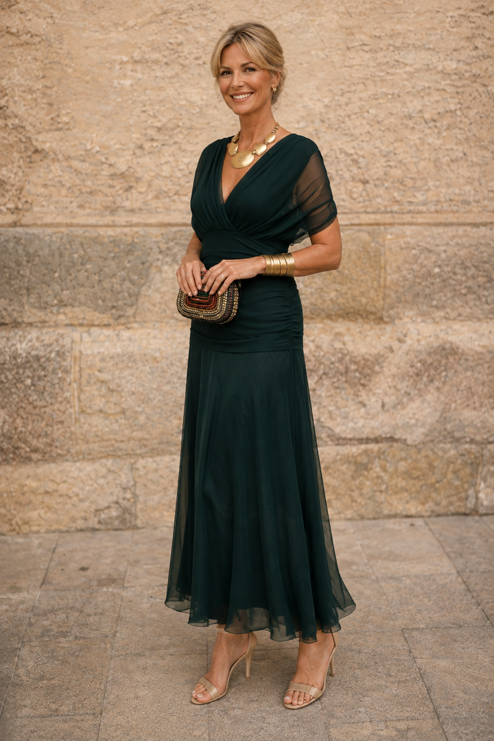 Amelia | Elegancka Zielona Sukienka z Plisami
